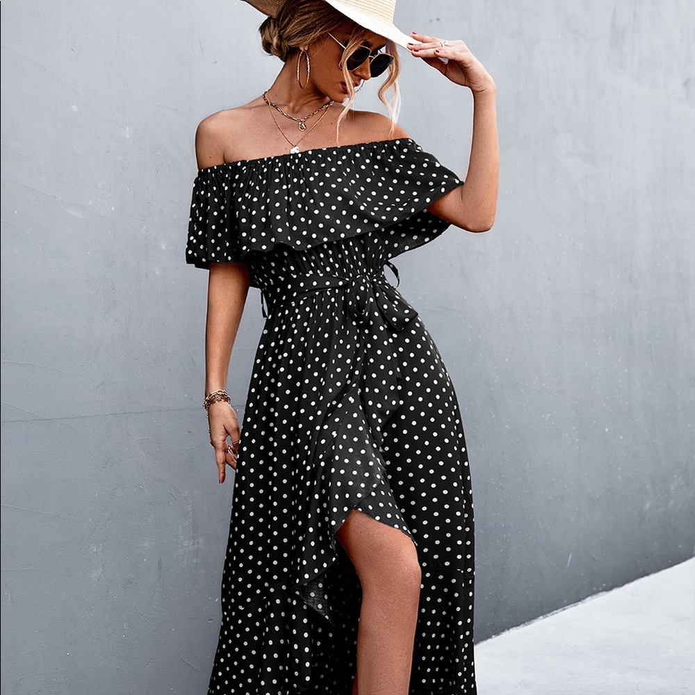 Closet Clear-Out - Polka Dot Layered Off-Shoulder Belted Dress